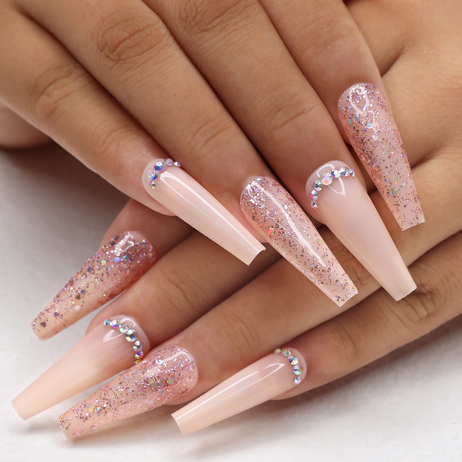 Kikmoya Pink Fake Nails Coffin Nail Tips False Nails with Small Rhinestones Nude Glitter Press on Nails Extra Long 24pcs Acrylic Nail Kit Glossy Manicure Set Stick on Nails For Women (Pink Glitter)