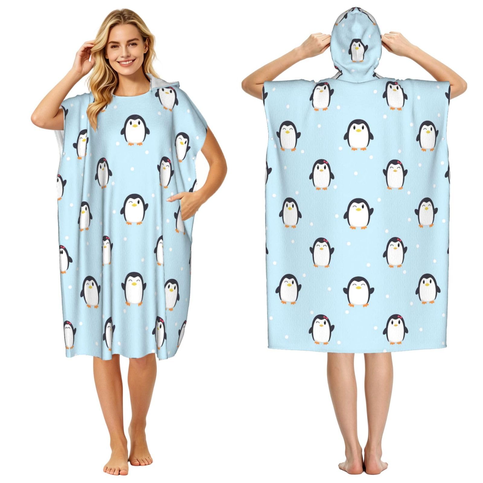 Poadnly Cute Penguin And Snow Printed, Adult Hooded Beach Towel 90 x 110 cm,Changing Bath Robe, Surf Poncho Towel For Women Men