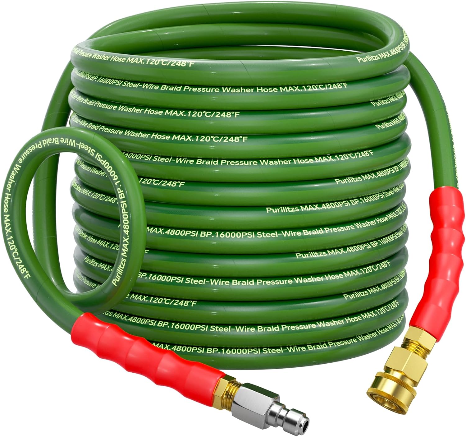 3/8'' Pressure Washer Hose Non Marking 4800PSI, 25FT Upgraded 4-Layer Structure Power Washing Hose Steel Wire Braided, No Kink Commercial Cleaning