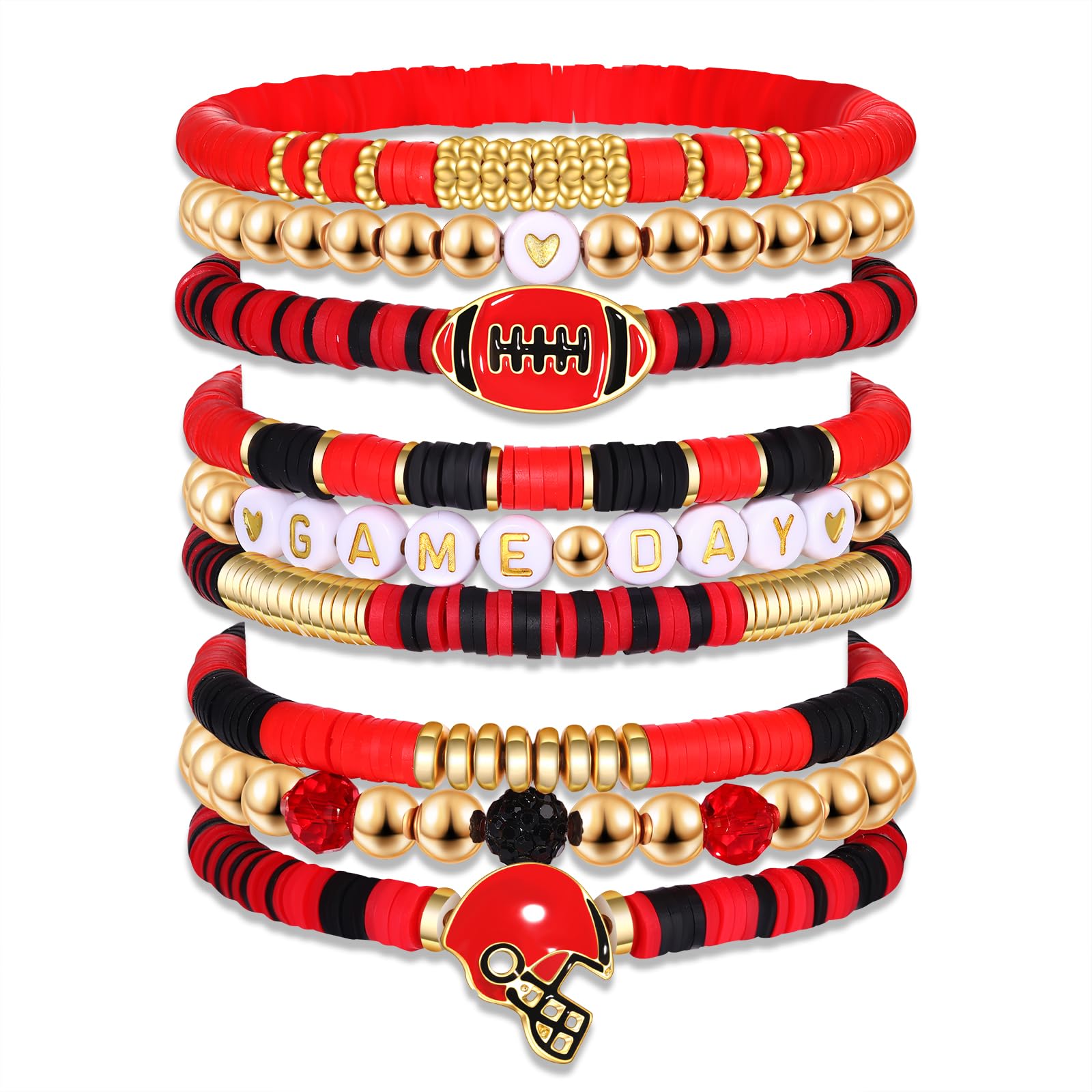 YAHPERN 9 Pack Game Day Football Bracelets for Women Stackable Red Black Heishi Beaded Friendship Bracelets Football Mom Accessories Game Day Outfits Jewelry Gifts