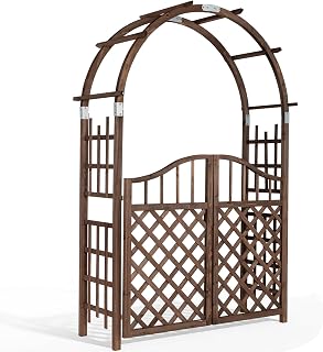 7.1FT Fir Wood Garden Arch Trellis with Lattice Gate | Decorative arbor for rose vines, great outdoor decor for wedding party and patio