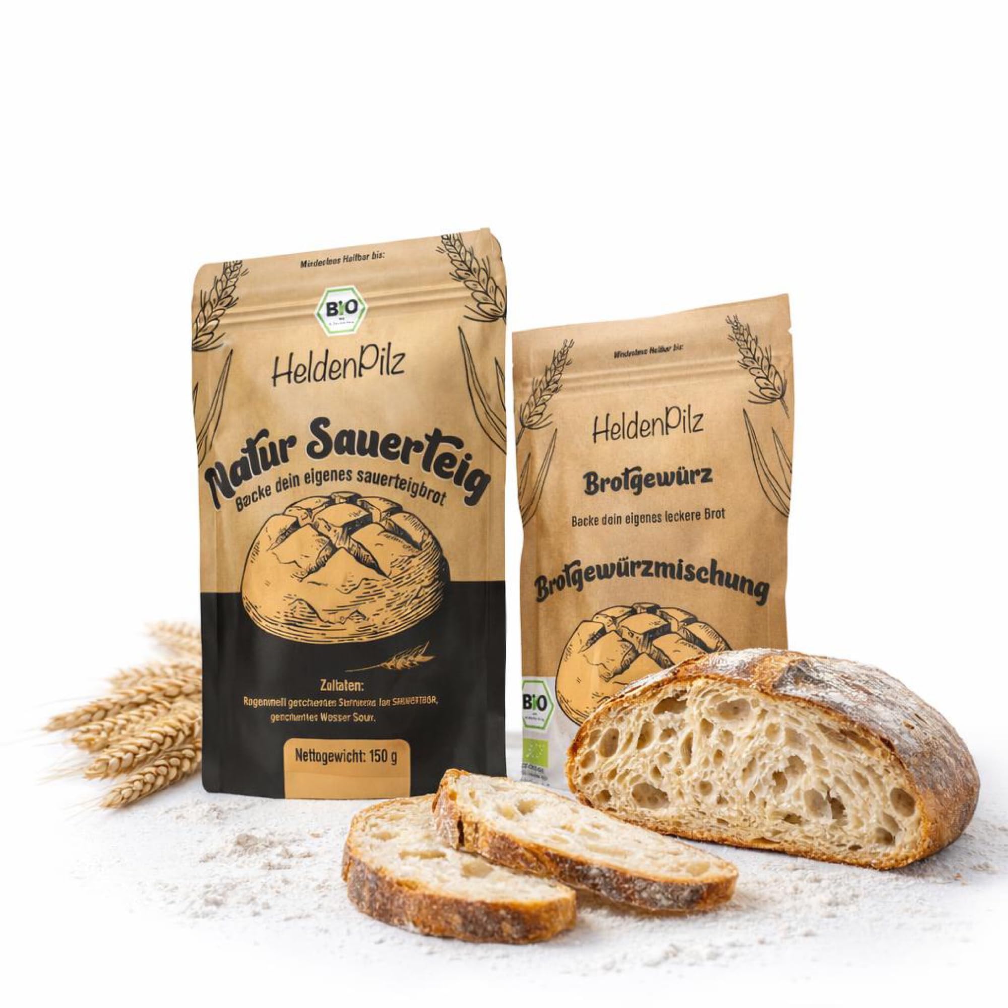 HeldenPilz® BIO Sauerteig Starter Set (Roggen) – Brot selber backen ohne Hefe | Frisches Anstellgut mit Gärkorb, Zubehör & Anleitung | Natursauerteig | Geschenkset