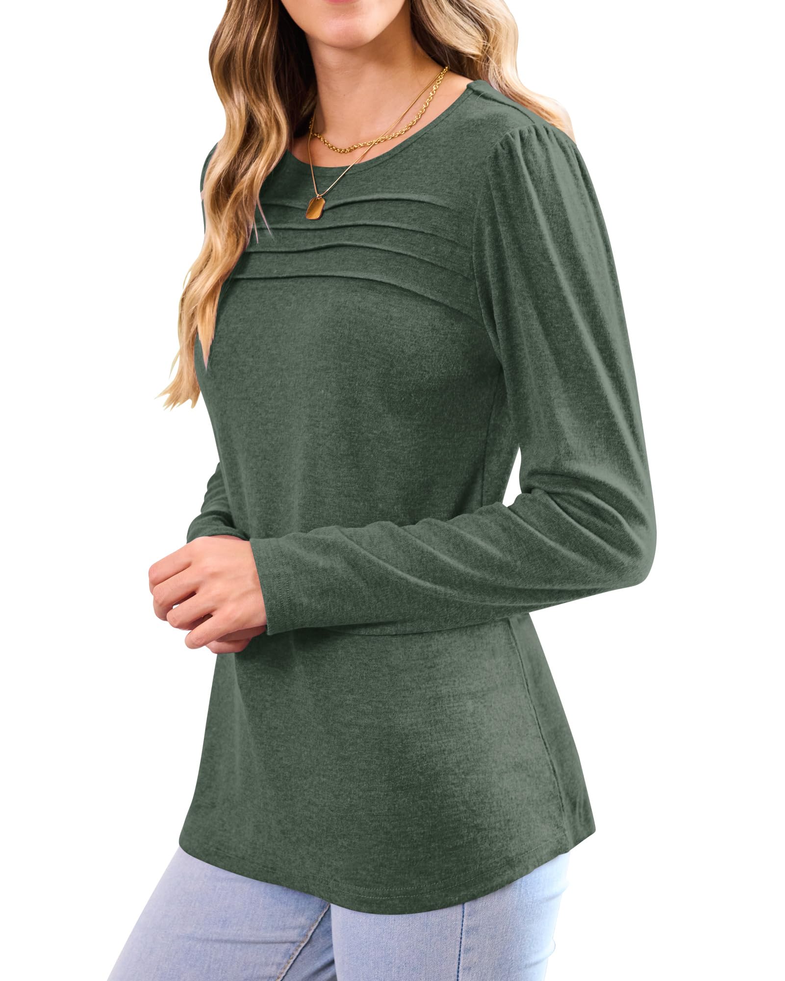 WNEEDU Sweatshirt Damen Langarmshirt Plissiert Rundhals Damen Pullover Top | Cloud Soft Sweatshirt Damen Biesen Falten Brust Elegante Schulter Details Vielseitiges Elegantes Oberteil Für Alltag