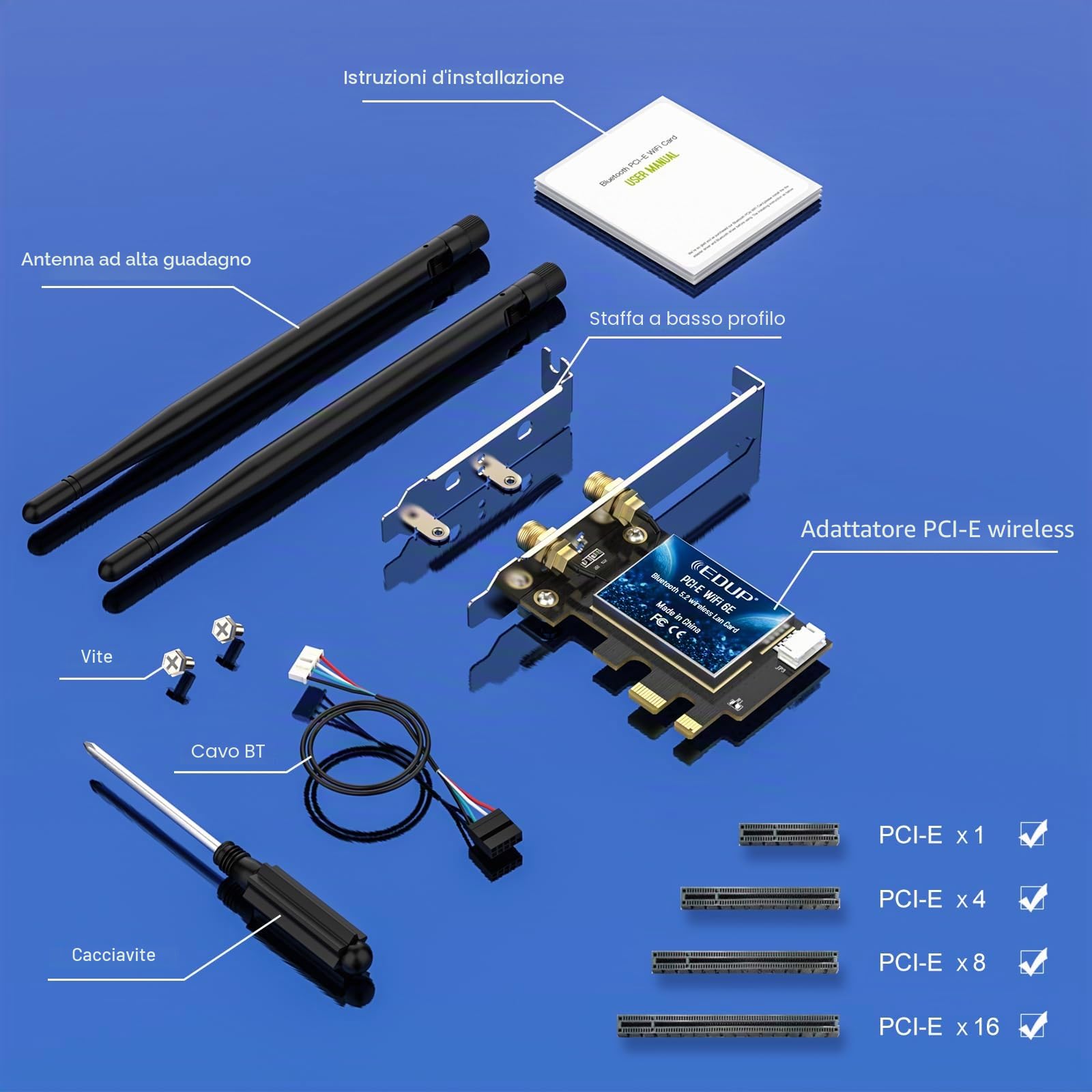 EDUP Scheda WiFi 6E Bluetooth 5.2 PCIE WLAN Intel AX210 5400 Mbit/s WLAN Adattatore 802.11AX DualBand 2.4Ghz/5Ghz Antenna AX210 per PC Desktop Windows 10&11 64 bit