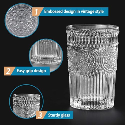 Miniatura 4 de MDLUU Vasos de agua en relieve, cristalería romántica, vasos de beber vintage, vasos de vidrio para jugo, bebidas, cóctel, capacidad de 12.5 onzas