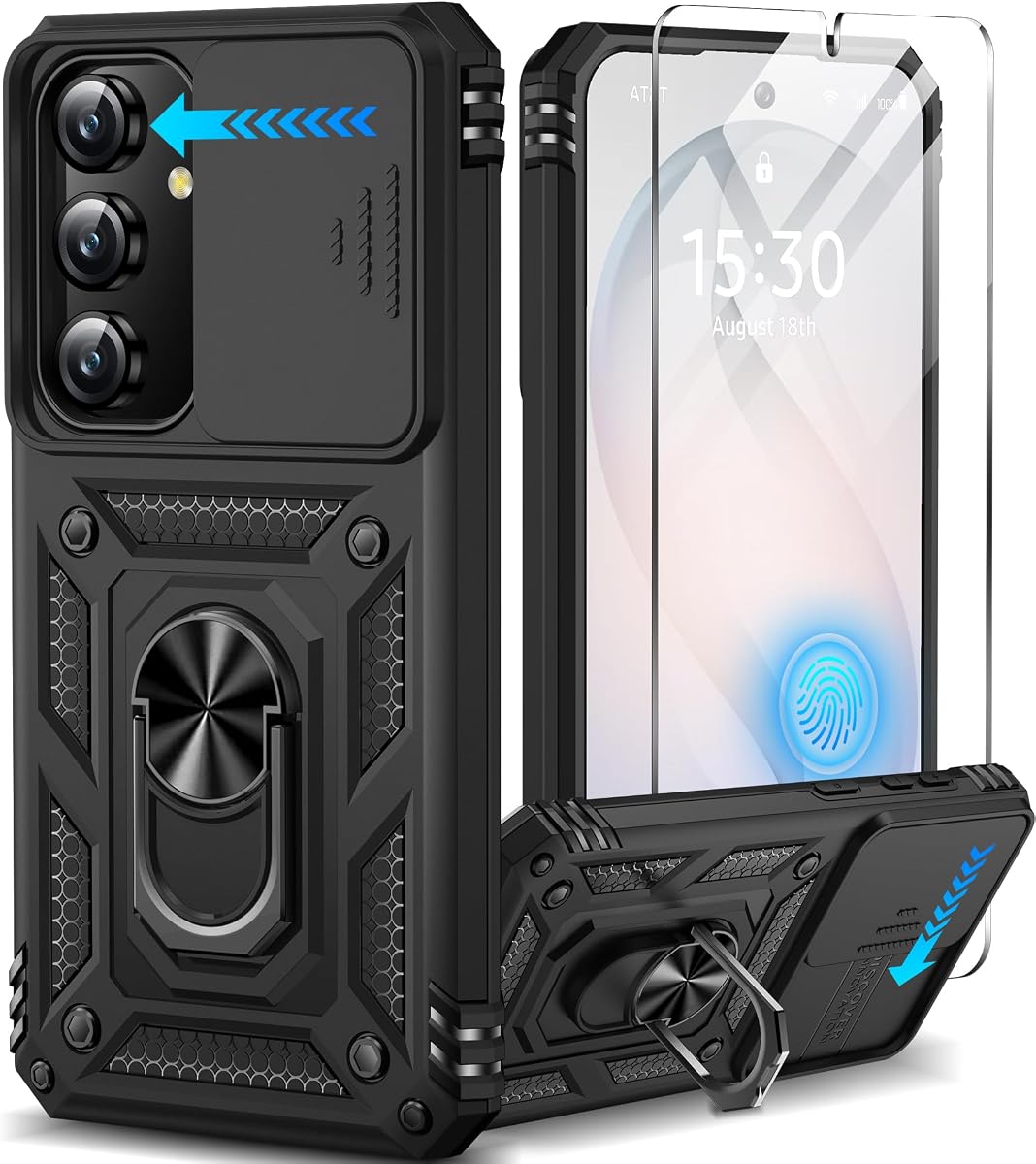 Taisairu Funda para Samsung Galaxy S26 con protector de pantalla y cubierta deslizante para lente de cámara, soporte de anillo magnético giratorio de 360 ° integrado, funda protectora a prueba de golpes para Samsung S26 (negro)