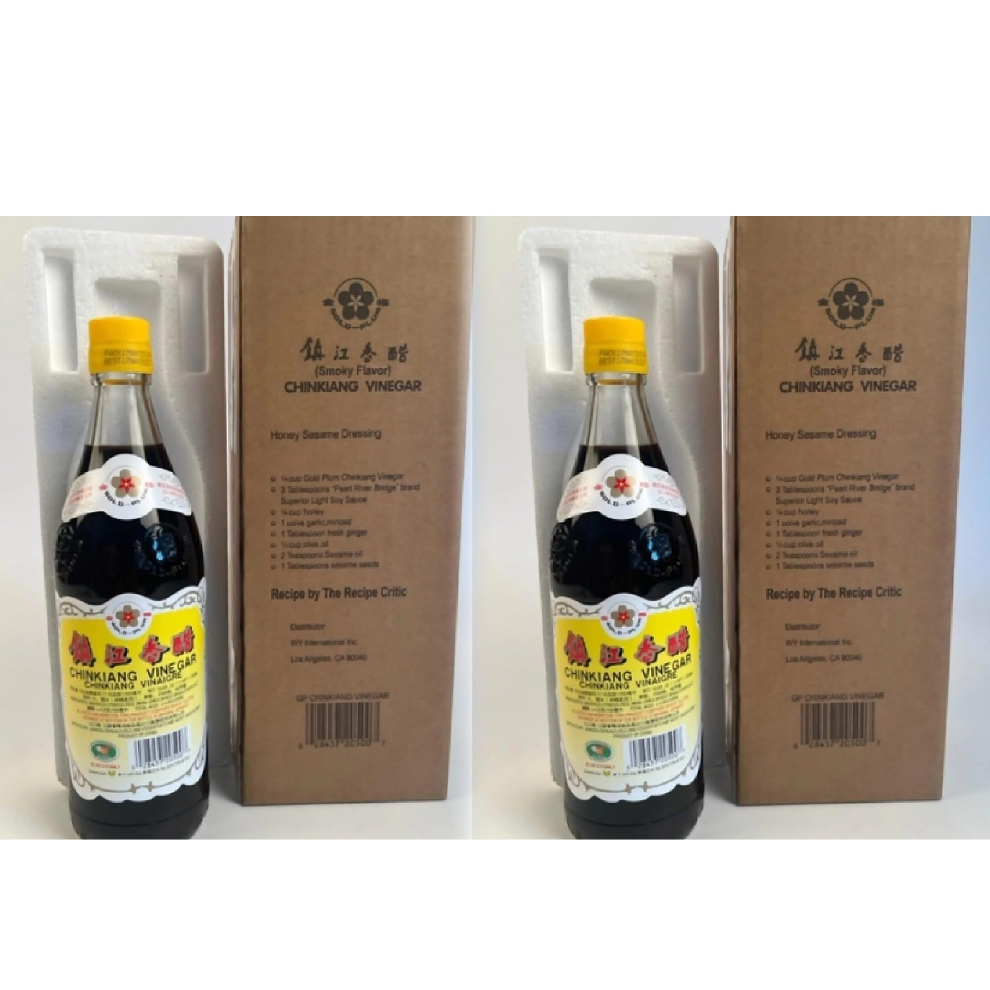 Gold Plum Chinkiang Vinegar, 18.6 FL Oz The Original Zhenjiang Black Vinegar, Chinese Black Rice Vinegar, Authentic Zhenjiang Xiang Cu for Potsticker, Dumpling, Eggroll, Salad, and Soup, 2-Pack，Foam Box+Gold Plum Brand with Mini Seal