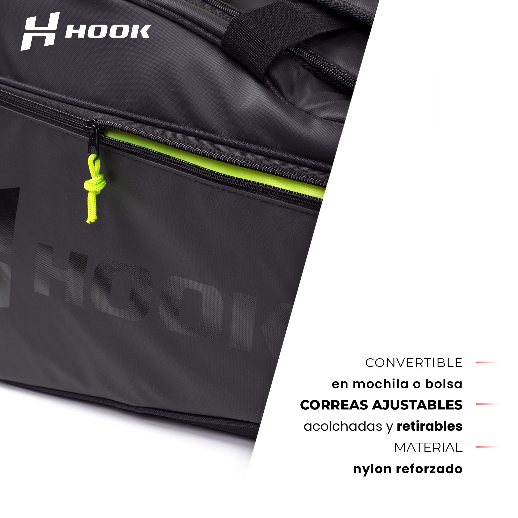 PADEL RACKETS INNOVATION SL. Hook - Paletta per 4 pale da paddle - 61 x 38 x 30,5 cm - Unisex - Molteplici tasche - Compatimento per scarpe - Cinghie rimovibili e regolabili