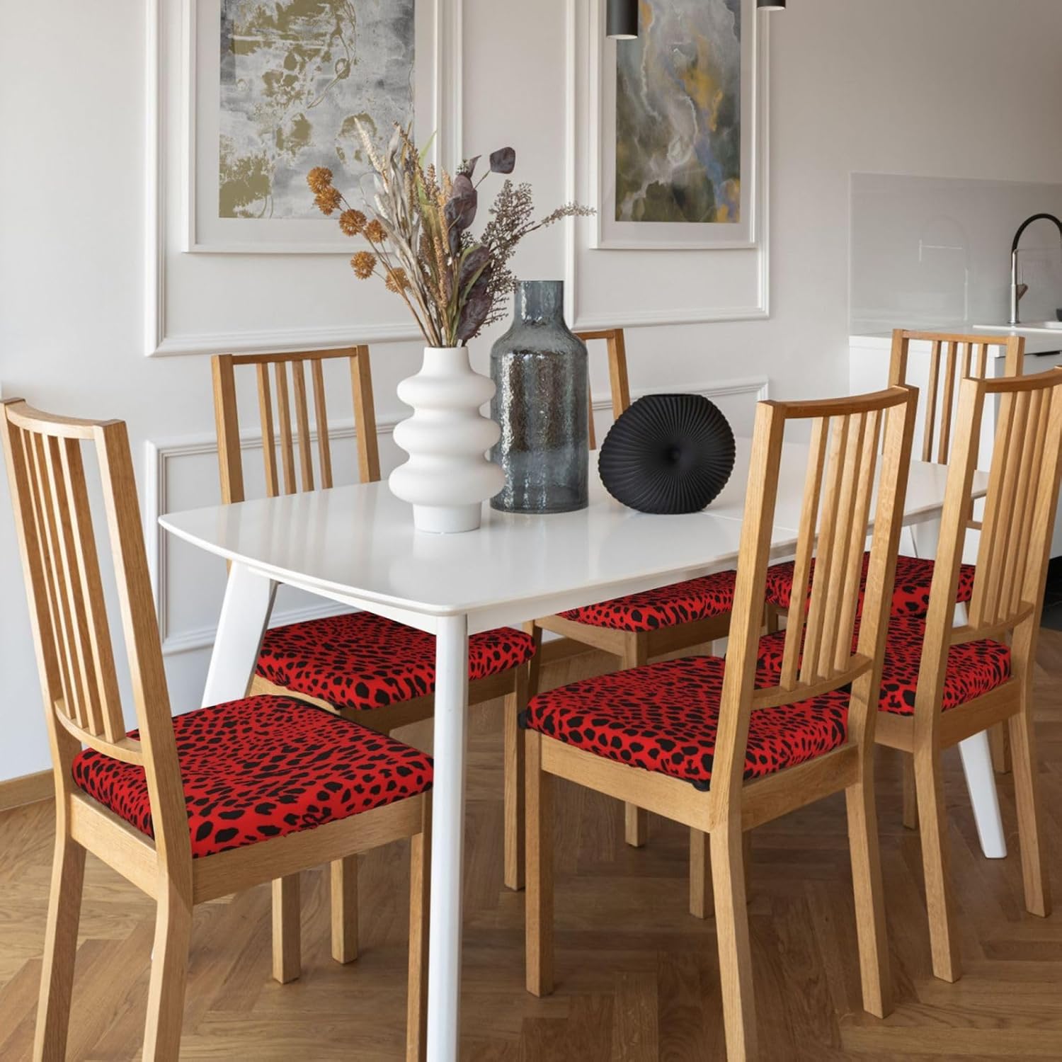 Red Leopard Pattern Print Square Cushion Covers 6 Pcs Set Elastic Non-Slip Seat Cushion Slipcovers Pet Furniture Protectors for Chair, Sofa