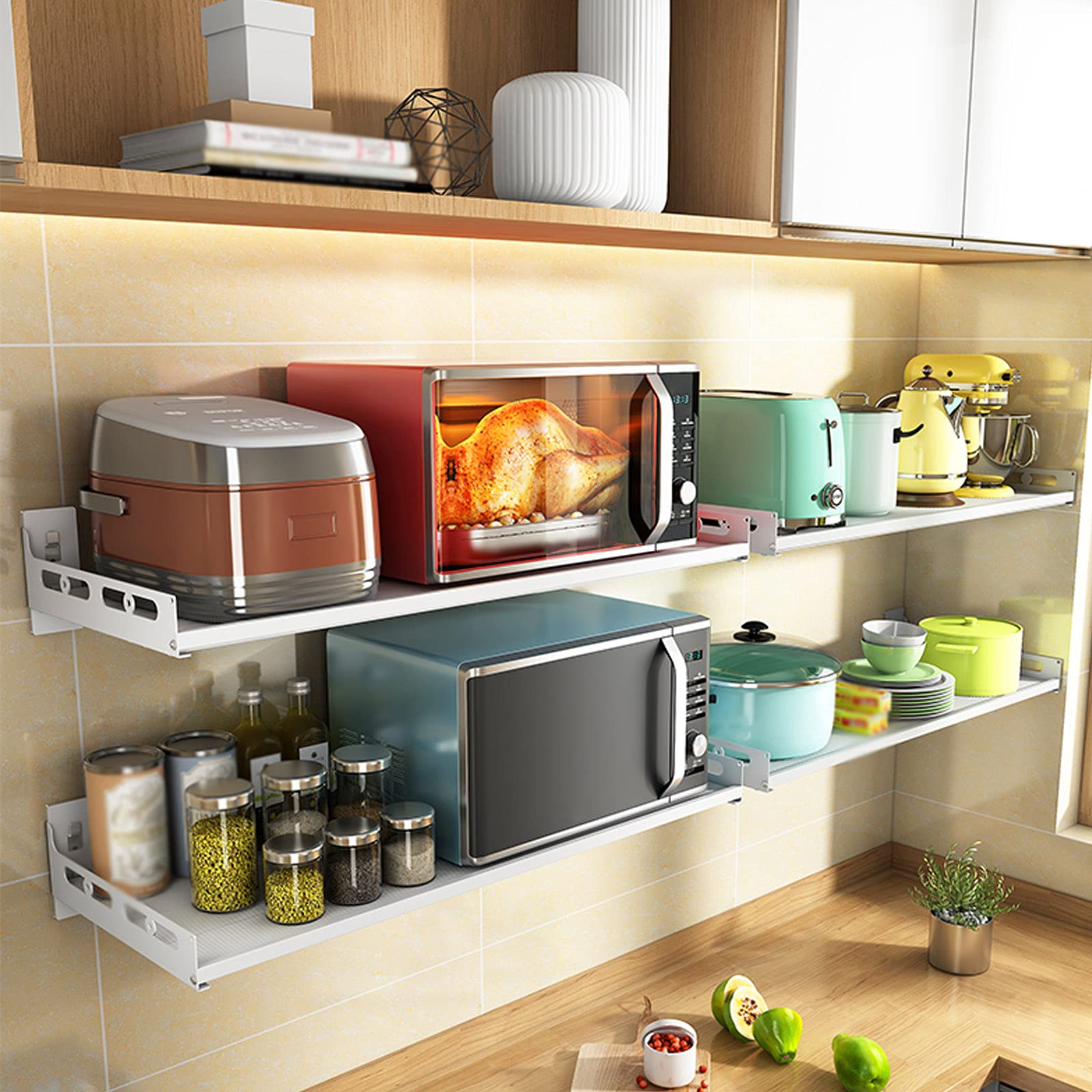 Estante de Pared de Acero Inoxidable para microondas - Estante de Almacenamiento de Cocina para Horno microondas, frascos de Especias y más - Soporte de Pared Que Ahorra Espacio pa