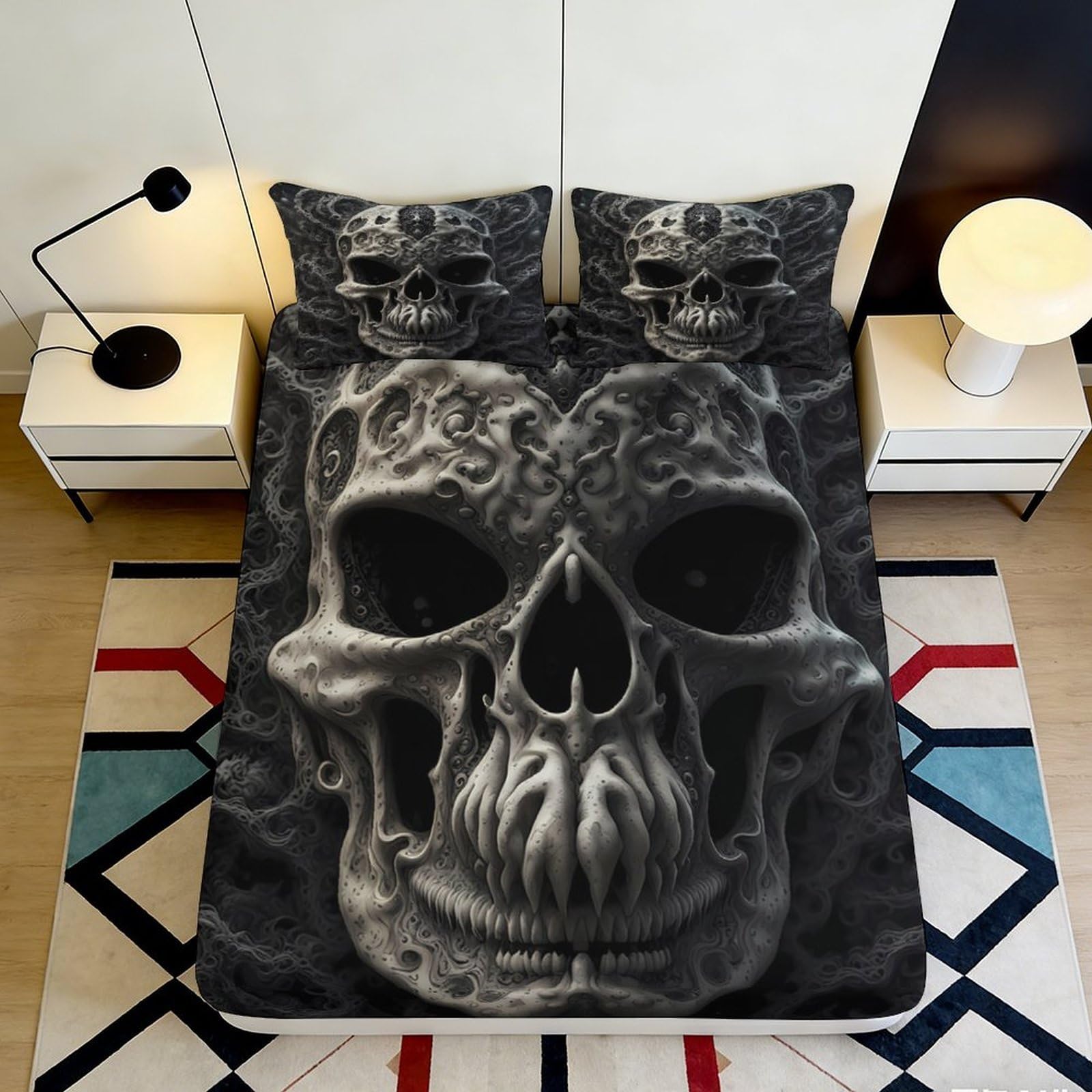 Pnayamiorkfel Style-1 3D Printed Gothic Skull Fitted Sheet Microfiber Black Art Mattress Cover Decor For Bedroom Dorm Mattress Protection 90X200x25cm