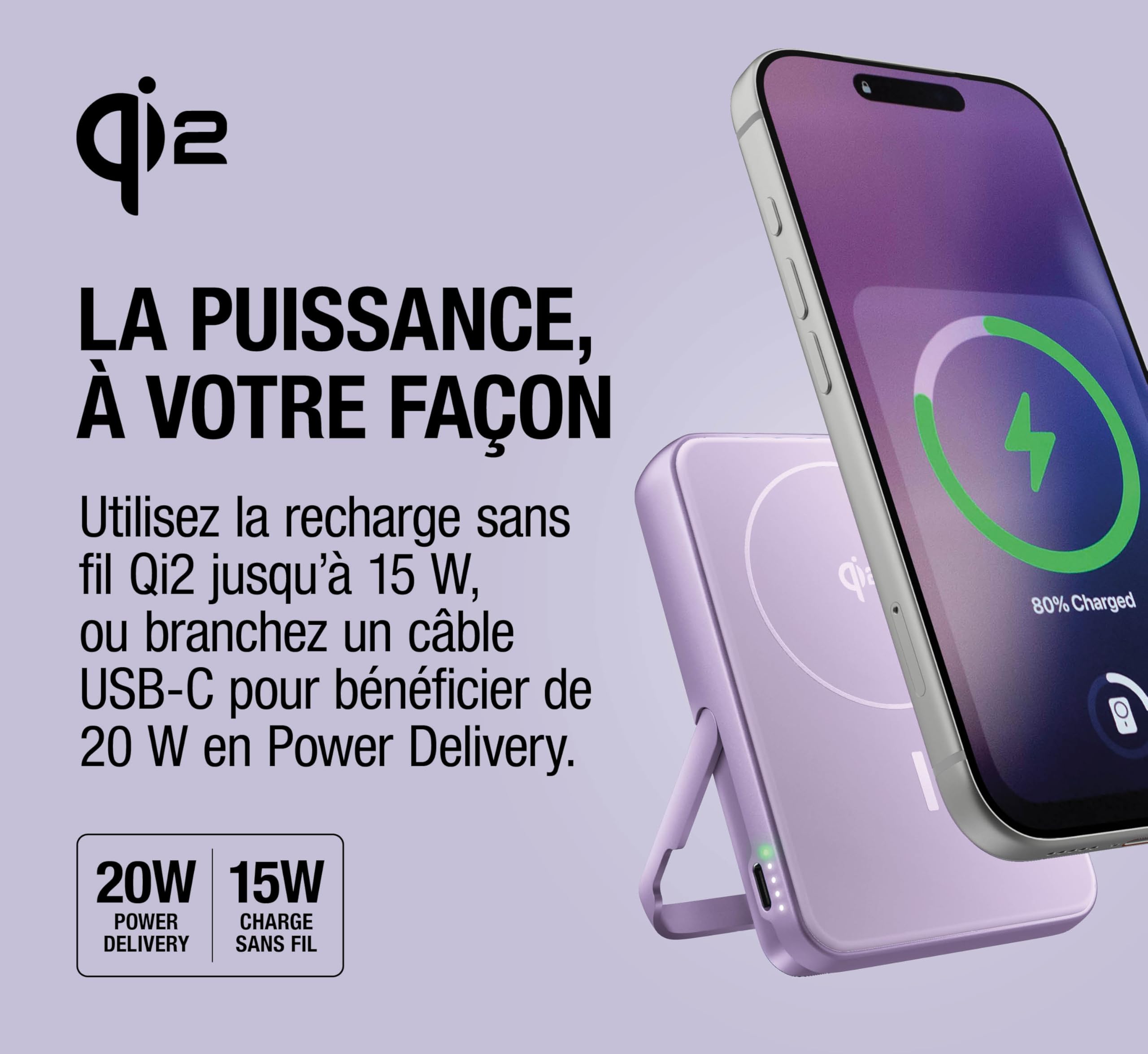Fresh 'n Rebel Batterie Externe Magnétique sans Fil 10000mAh - Compatible avec MagSafe - Qi2 - Chargeur Rapide 15W - iPhone 17/16/15/14/13/12 & Appareils Android Qi - avec Support (Dreamy Lilac)