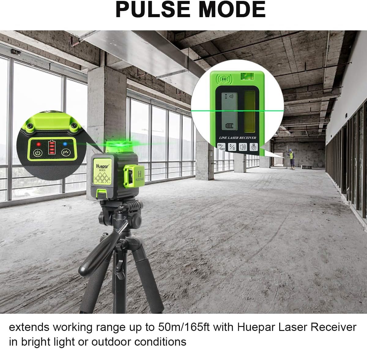 Kreuzlinienlaser, Huepar 3 x 360° Laser Wasserwaage Selbstnivellierenden, Kreuzlinienlaser Grün 12 Linien Laser, Linienlaser kreuzlaser Baulaser für Innenbereich Baustelle(mit Lithium-Batterie), B03CG