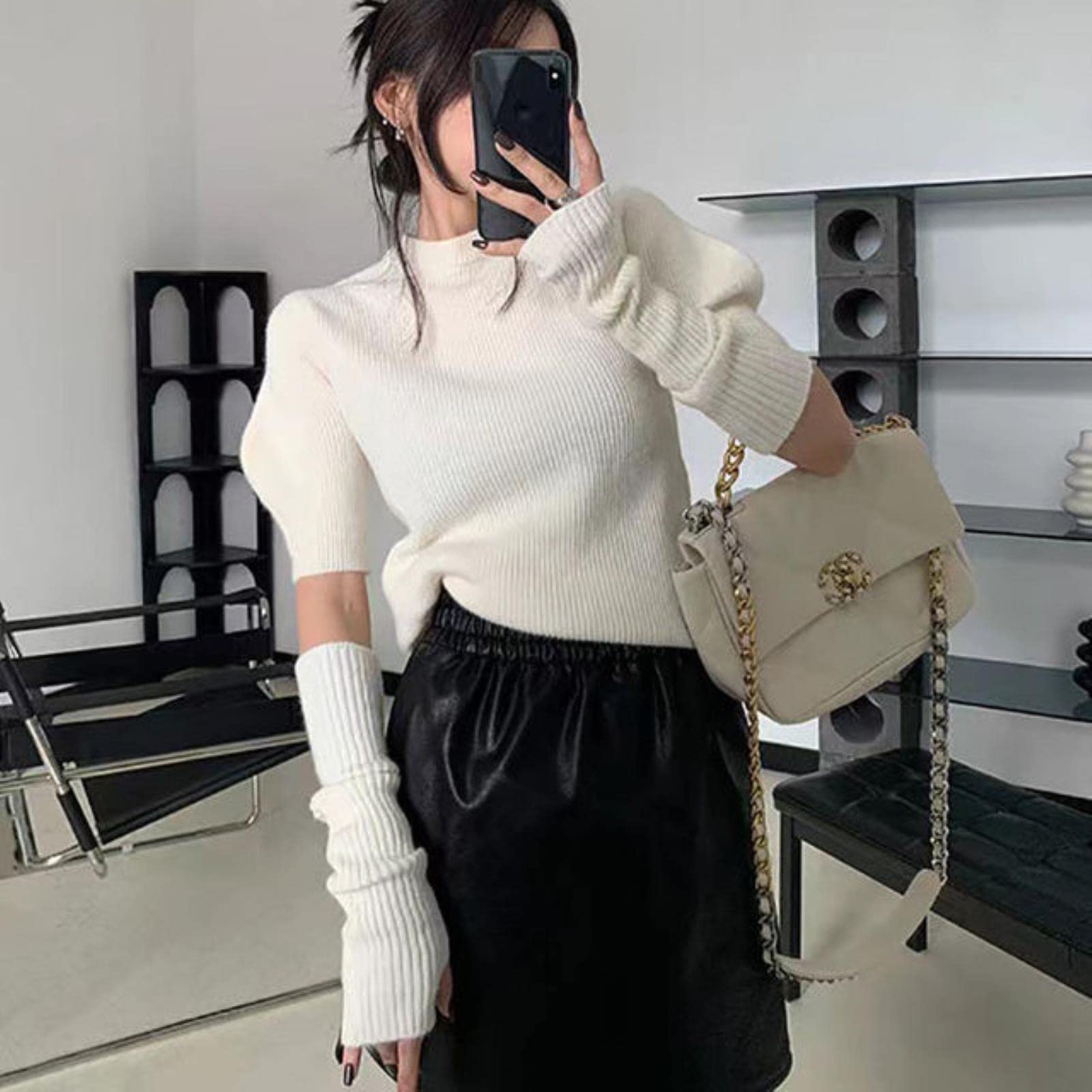 Choux Women's 03 Knitted Sweater With Detachable Sleeves Casual Crop Top Puff Sleeve Pullover Office Sweatshirt-,S