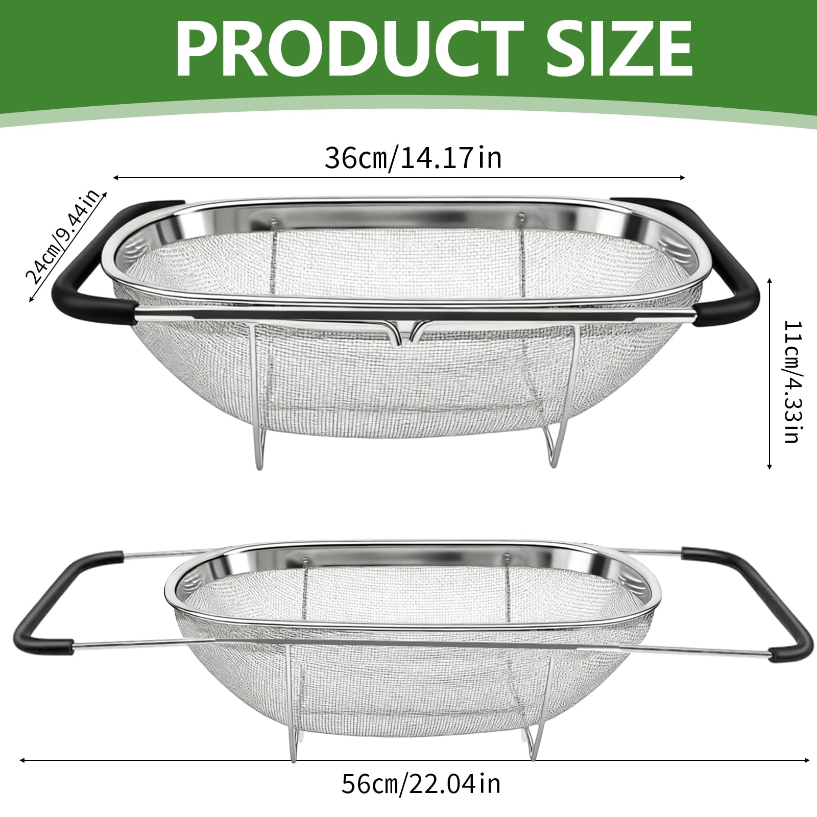 Waschbecken Sieb aus Edelstahl, Ausziehbar Rostfreier Stahl Abtropfsieb Spülbecken Sieb mit Feinsiebkorb und Gummigriff Siebs für Abseihen Abtropfen Waschen von Obst Gemüse (34x24x11cm)