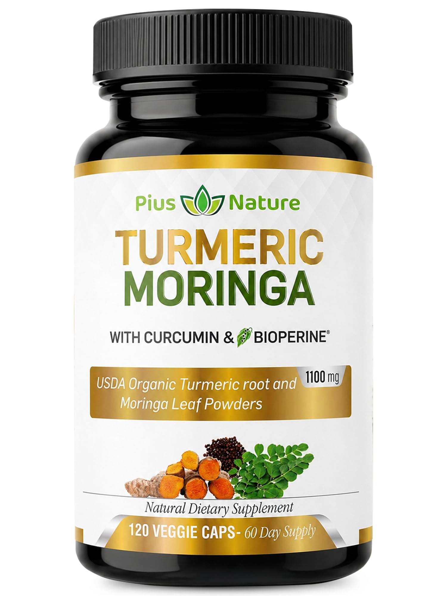 PIUS NATURE Turmeric Moringa - Organic Turmeric Curcumin Supplements and Organic Moringa Powder - 120 Veggie Capsules Supplement for Women and Men