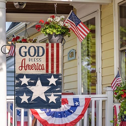 Miniatura 4 de Hzppyz Bandera patriótica de jardín con texto en inglés God Bless America del 4 de julio, de doble cara, diseño de estrellas y rayas de Estados
