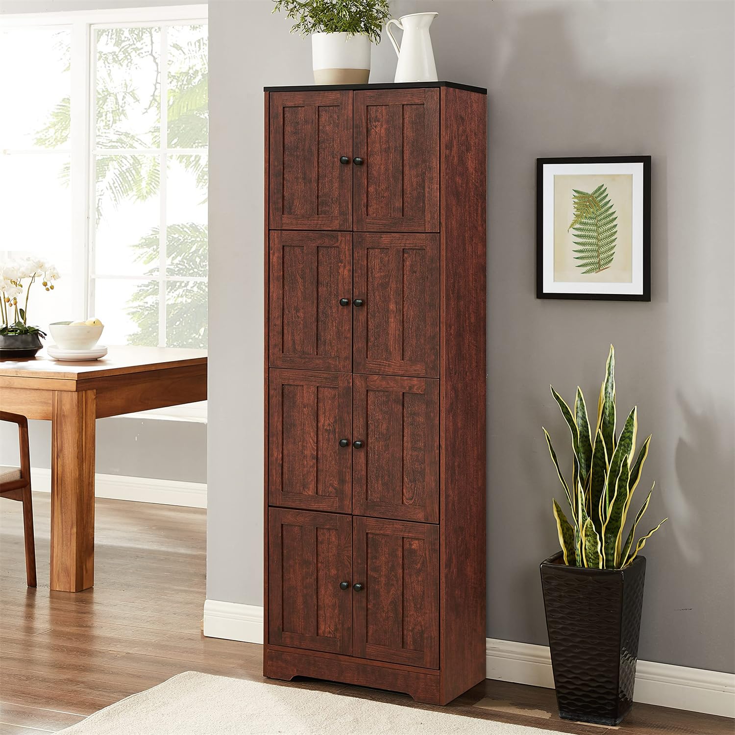 Linique 72.4" Tall Storage Cabinet with 4 Tier Shelves and 8 Doors, Living Room Freestanding Floor Cabinet/Kitchen Pantry, Walnut