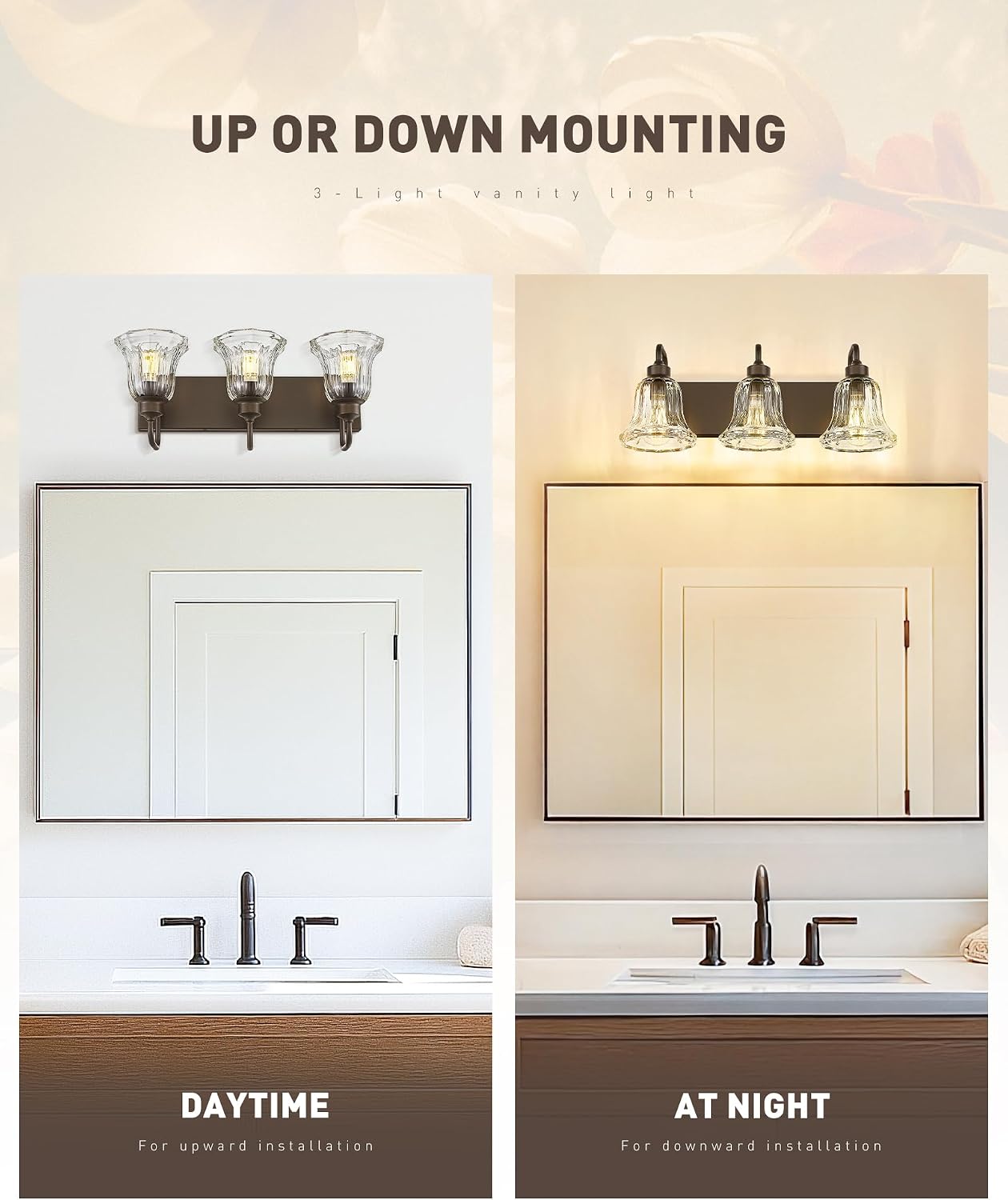 zeyu 22 Inch Bronze Vanity Lights, Farmhouse Wall Sconce Lighting, 3 Light Bathroom Mirror Wall Light, Oil Rubbed Bronze Finish with Clear Striped Glass, ZJX117B-3W ORB