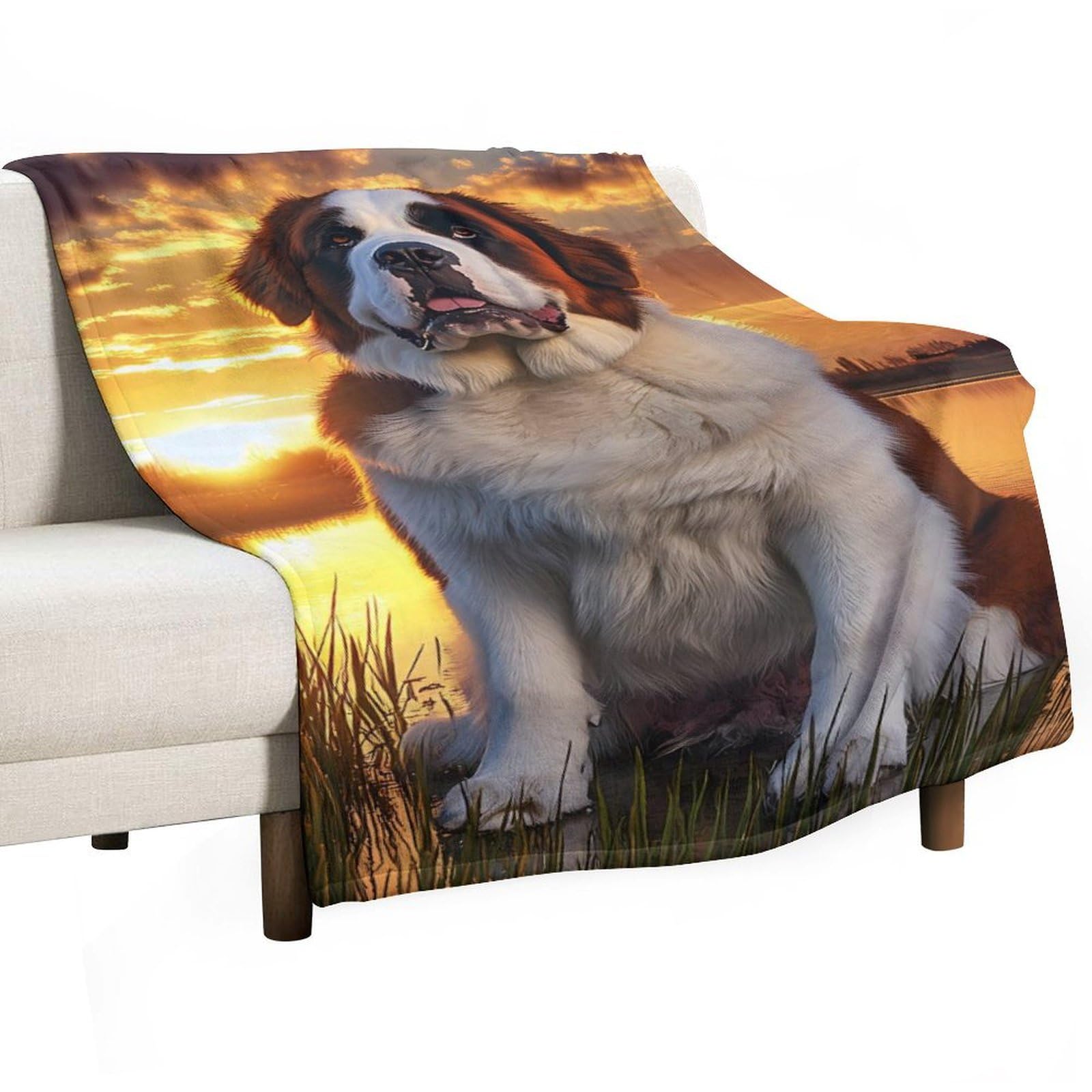 Cgsbngha Style Saint Bernard Dog Sunset Flannel Fleece Blanket Lightweight Soft Throw Blankets For Sofa Couch Bed Chair