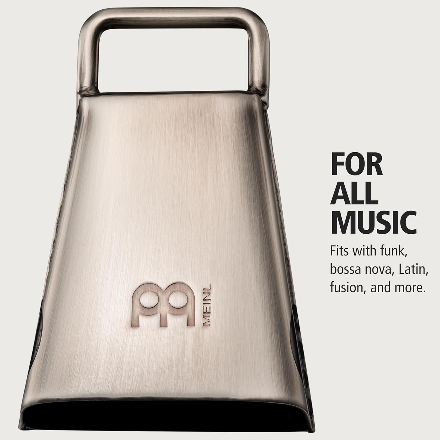 Handheld Cowbell with Holder, 4 1/2" Hand Brushed Steel — NOT MADE IN CHINA — Low Pitch, 2-YEAR WARRANTY