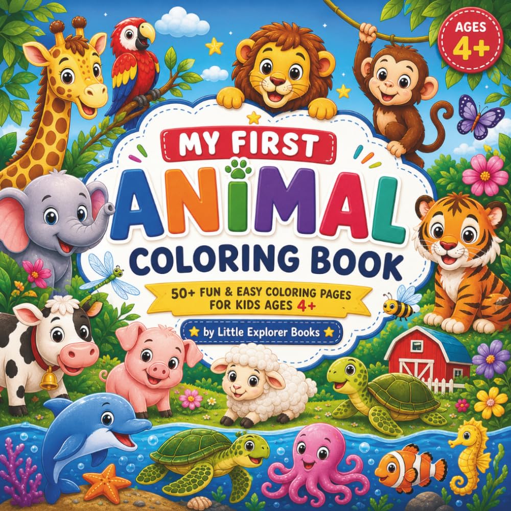 My First Animal Coloring Book: For Kids Ages 4–8: 50+ Cute & Easy Coloring Pages with Jungle, Farm, Ocean & Wild Animals