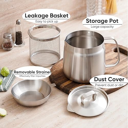 Miniatura 3 de Olla de filtro de aceite de acero inoxidable de 68 onzas con colador extraíble, protector de grasa de tocino, recipiente grande de aceite de cocina