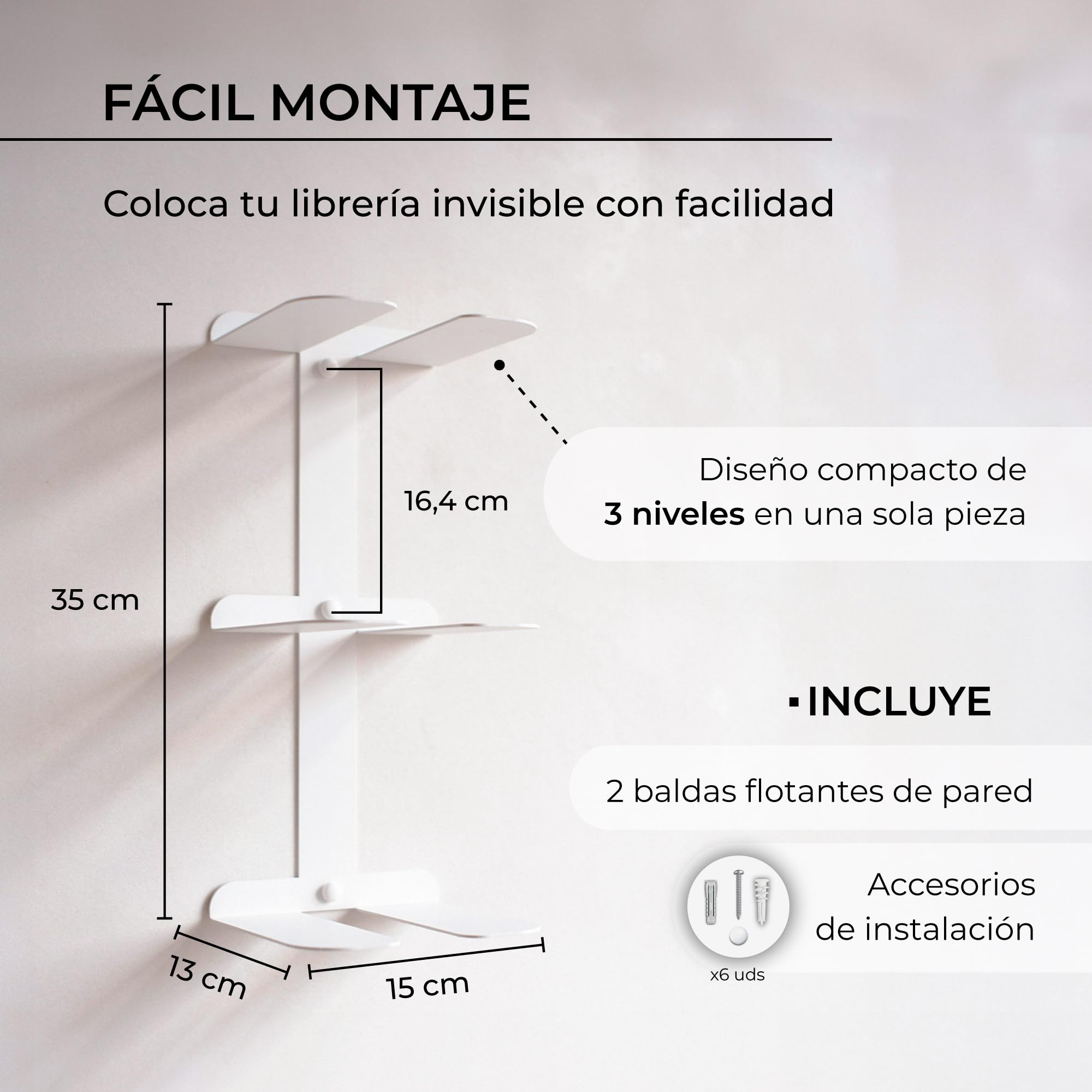 MILUKA Libreria Estanteria Pared Libros 35 cm, Pack 2 Columnas en Vertical | Libreria modular Invisible, 6 Estantes, Estantería Flotante para Libros en metal blanco, Librero pared moderno, biblioteca