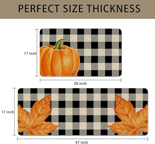 Miniatura 3 de Juego de 2 tapetes y tapetes de cocina a cuadros de otoño, calabaza naranja y hoja de arce para piso, decoración del hogar, decoración del hogar,