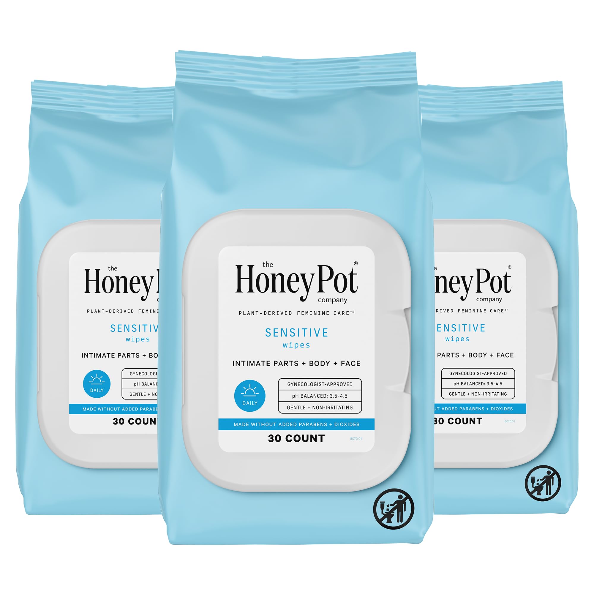The Honey Pot Company - Feminine Wipes - Daily PH Balancing, Fragrance & Sulfate Free Wipes for Intimate Parts, Body, or Face - Hygiene Products - Sensitive 30 ct (Pack 3)