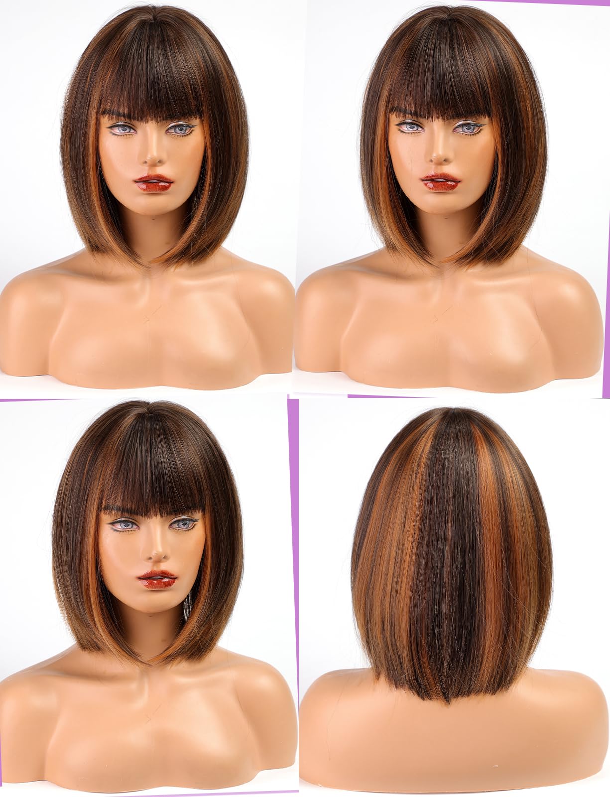 Workstar Brown bob Wigs for Women Synthetic Wig with Fringe, Brown Highlight, 53.3-58.4 cm - Image 4