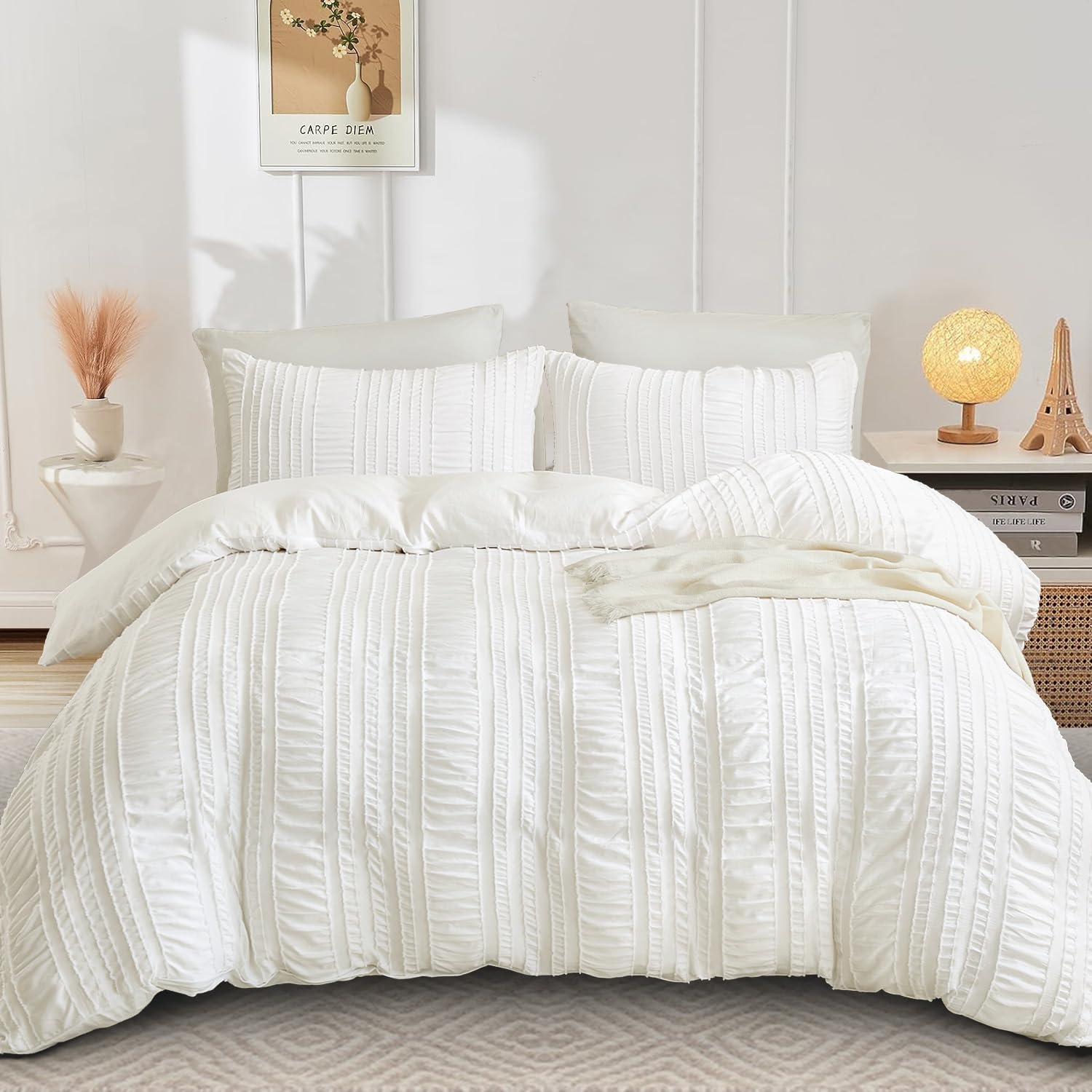 Guchuang Bedding Seersucker King Size Duvet Cover Set, 3-Piece White Bedding Set - Soft Microfiber, Wrinkle-Resistant Duvet Cover with Hidden Zipper (King, 220x230cm) — image 1