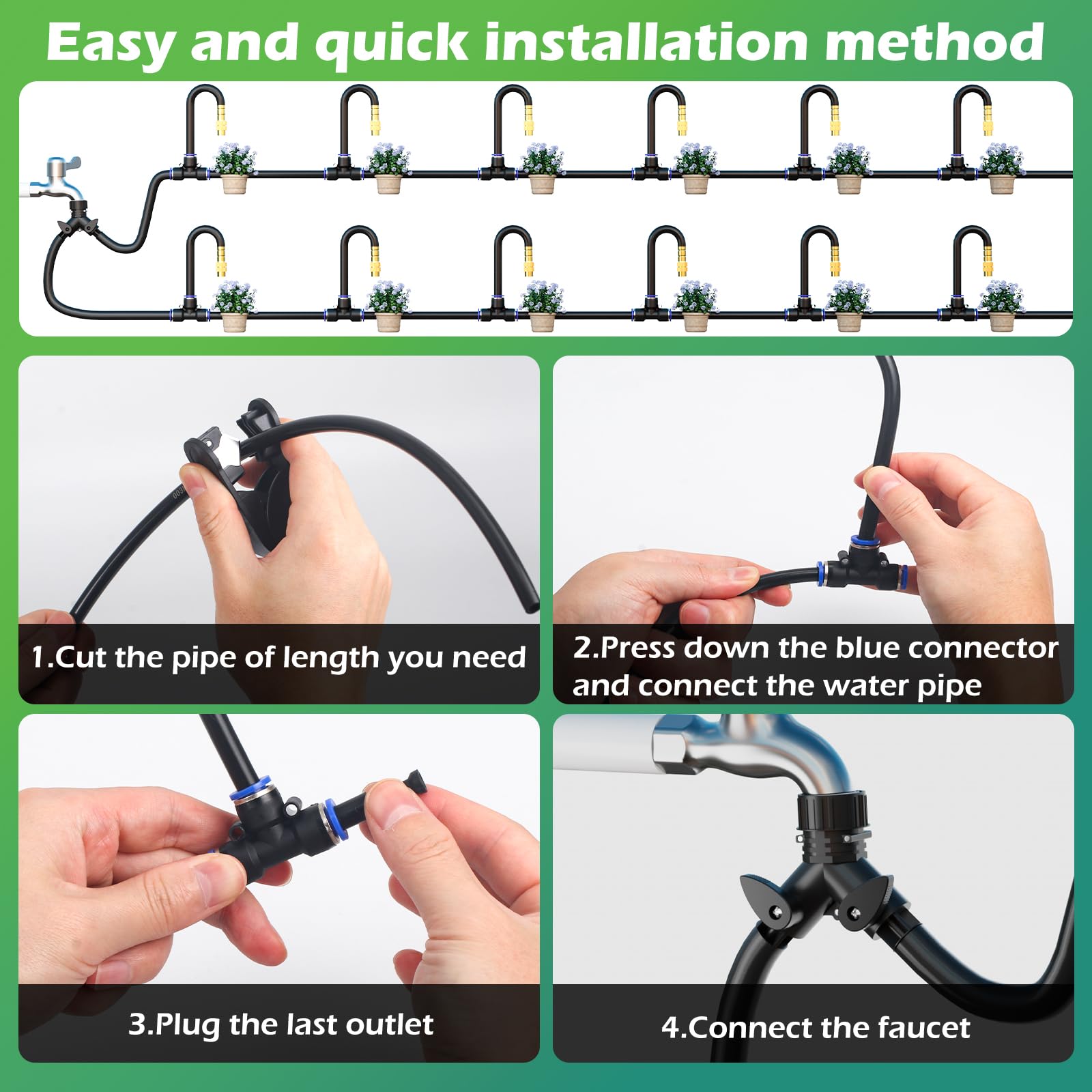 Sistema di irrigazione a goccia da 30 m con 32 ugelli, regolabile a 360°, sistema di irrigazione da giardino pieghevole per serre, cortile, prato, piante, giardino, tubo da 1/4"