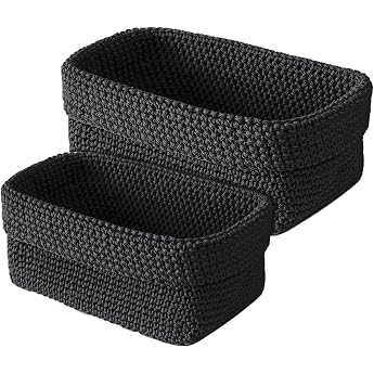 Storage Basket 2 Pieces Foldable Crochet Basket Small Baskets for Bathroom Bedroom and Office 29 x 15 x 18.5 cm and 21 x 13 x 15.5 cm Black
