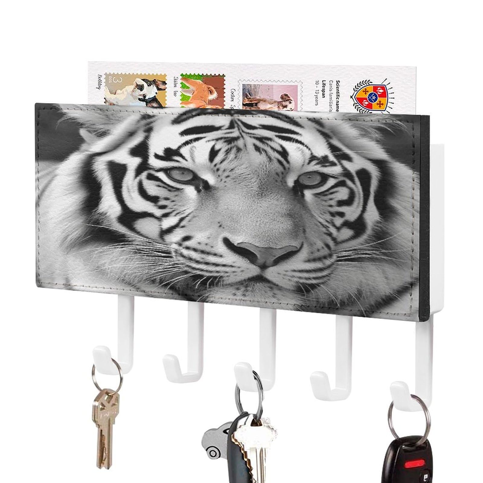 Fekiloot White-Style Black White Tiger Key Holder Wall Mount Key Hanger With 5 Hooks Decorative Key Rack Hanging Key Hooks With Mail Organizer Key Holder For Wall Living Room Kitchen Bathroom Hallway White