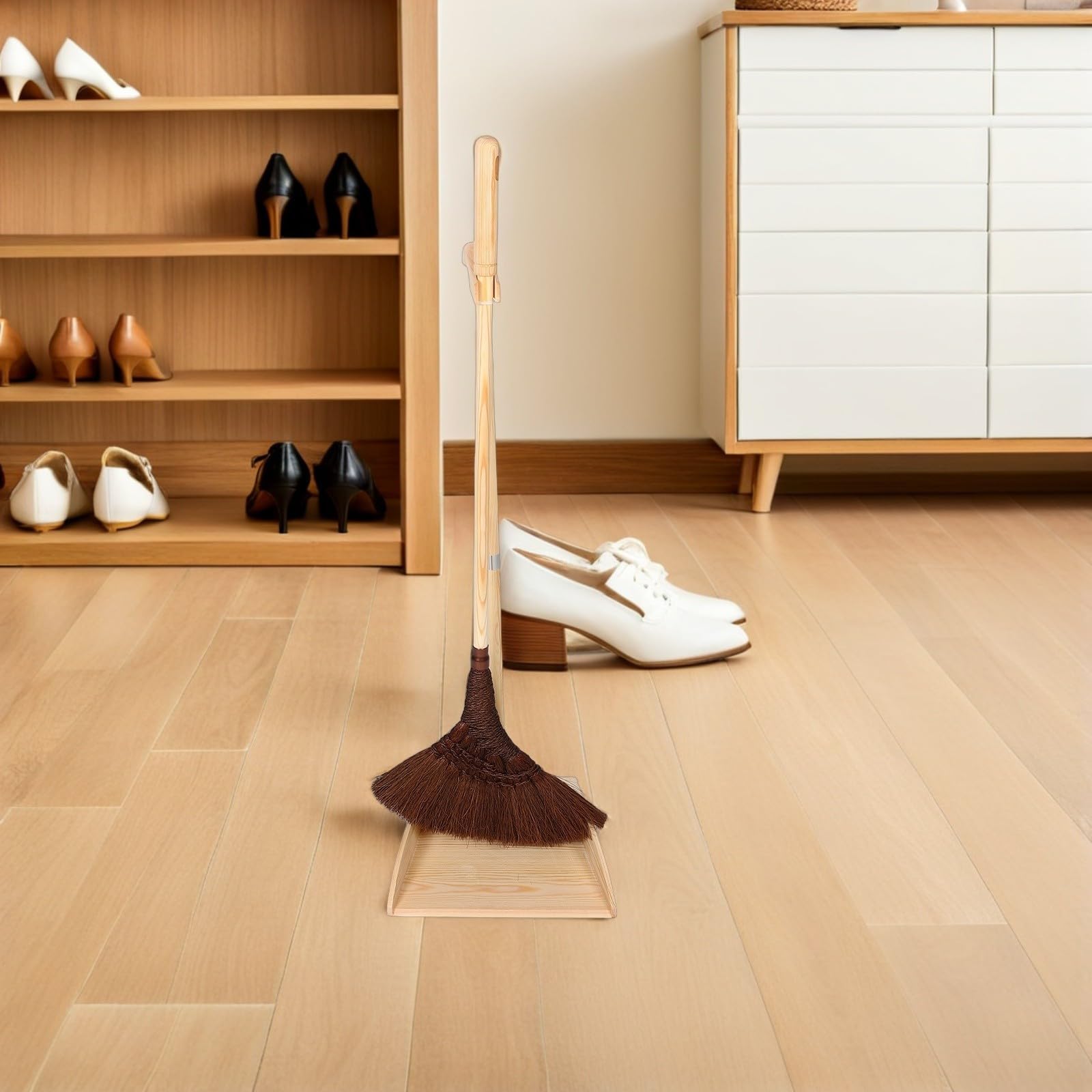 GALPADA Juego de Escoba y Recogedor de Madera y Palma Antistático para Limpieza en Hogar y Jardín Diseño Clásico Hecho a Mano