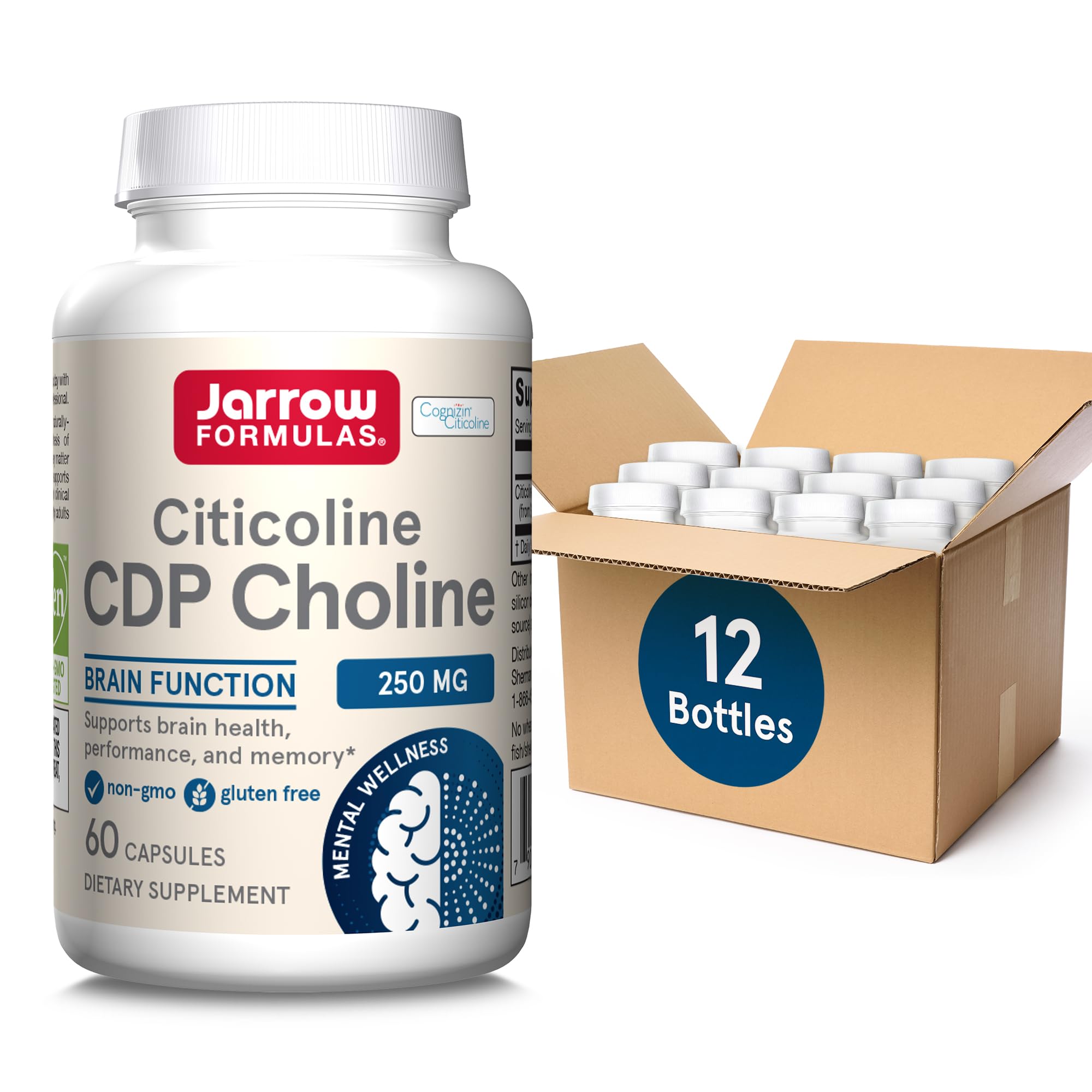 Jarrow Formulas Citicoline CDP Choline 250 MG, CDP Choline Supplement Supports Brain Health, Performance and Memory, 60 Capsules, Up to a 60 Day Supply (Pack of 12)
