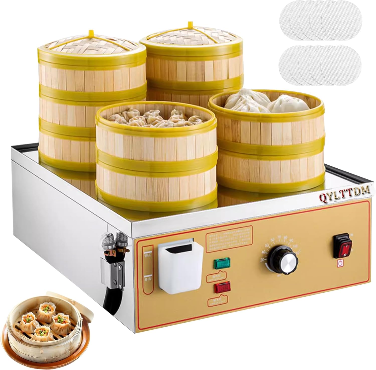 Commercial Electric Dim Sum Steamer, 4 hole Steamed Bun Machine, With4* 5 Layer Cage with 1 Cover, Silicone Pad*20, 30-110℃ Temperature Adjustment, Water Shortage Alarm And Independent Water Supply