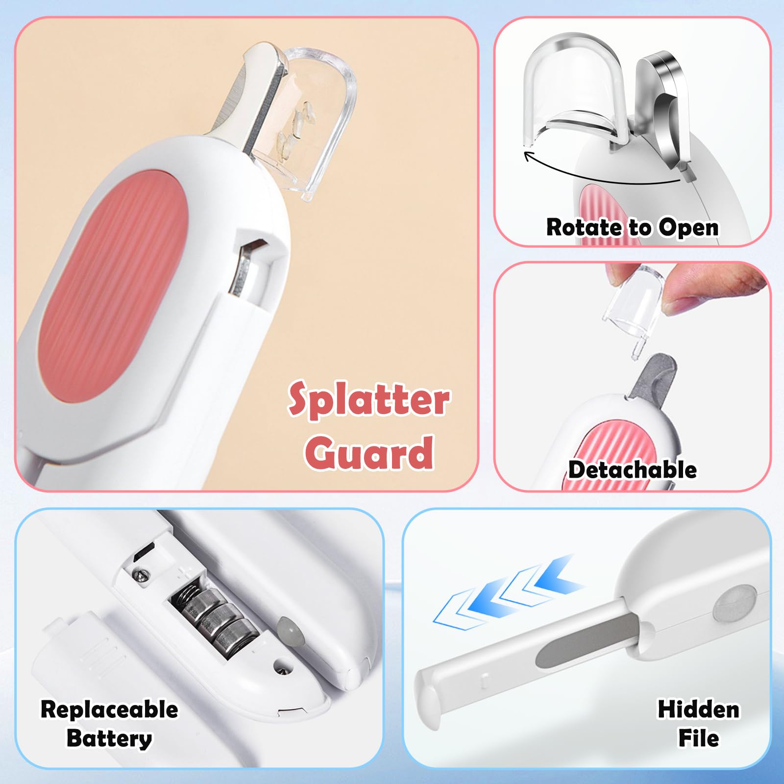 Nagelknipser für Katzen mit LED Licht, Krallenschneider aus Edelstahl mit integrierter Feile, praktischer Spritzschutz, Haustier Krallenschere für kleine Tiere, rosa