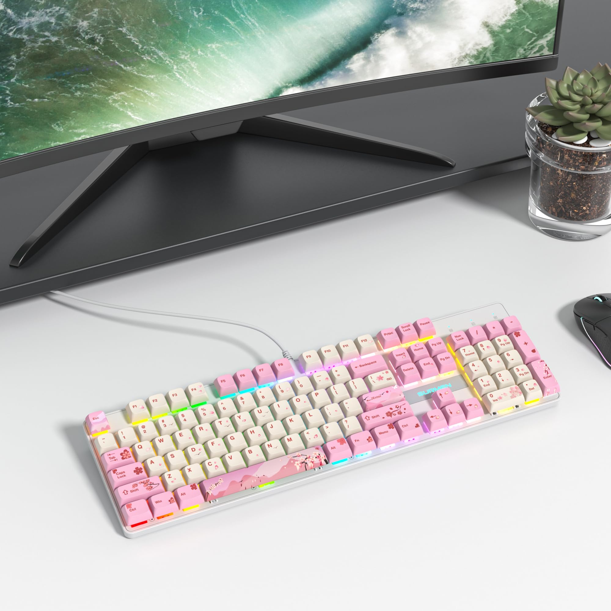 SOLIDEE Teclado mecánico para Juegos 104 Teclas,US Layout QWERTY,100% Teclado para Juegos retroiluminado RGB con Teclado numérico,Teclado mecánico NKRO para portátil Windows(104 Flower)