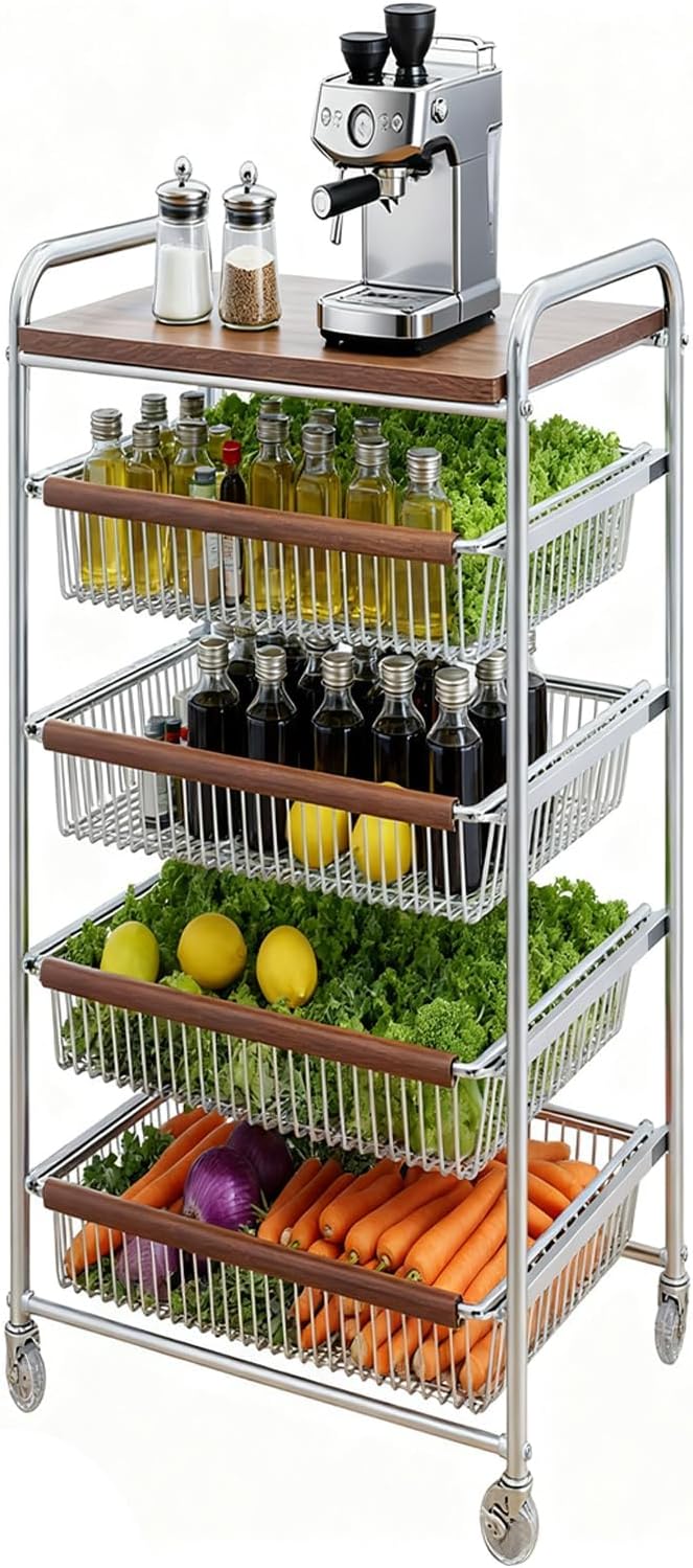 Fruit Basket Stand,5-Tier Snack Fruit Vegetable Cart Kitchen Storage Cart with Wooden Top and Pull-Out Baskets Rolling Pantry Kitchen Cart on Wheels for Storing Fruits Vegetables and Snacks
