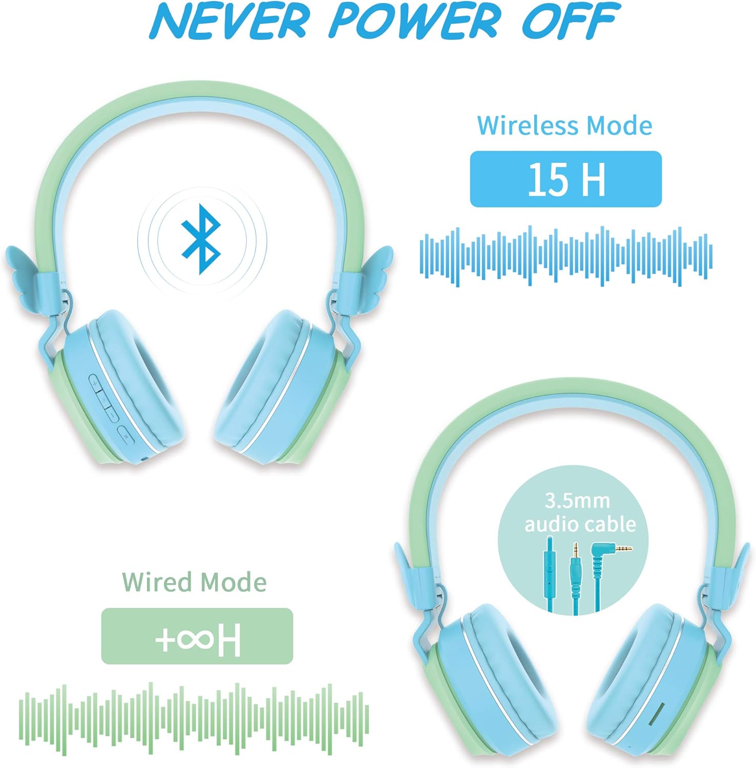 Riwbox BT05 Bluetooth Kids Headphones Wireless Foldable Headset Over Ear with Volume Limited and Mic/TF Card Compatible for iPad/iPhone/Tablet (Green&Blue)