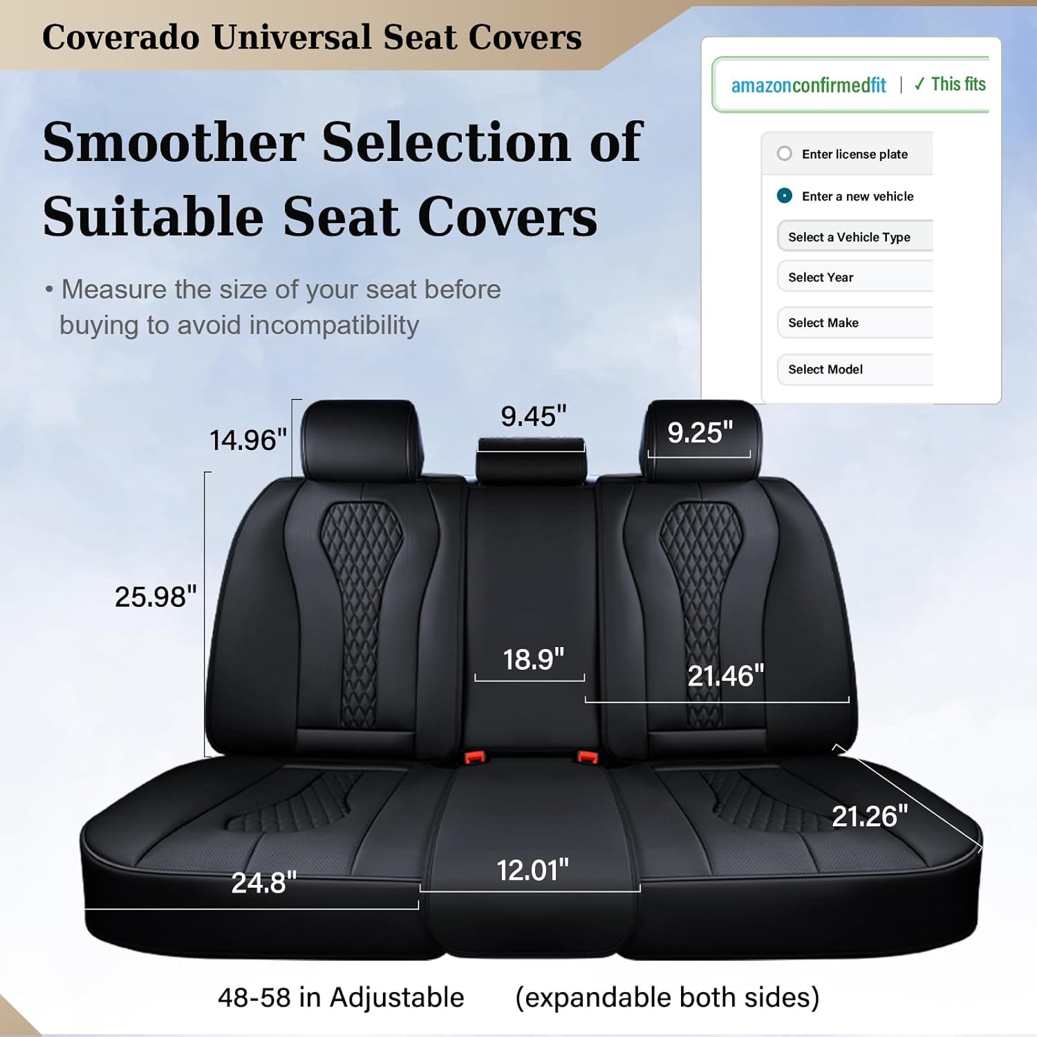 Coverado Back Seat Covers, Waterproof Car Protectors, Black Leather Seat Covers, 3-Piece Automotive Seat Covers for Back Seats Universal Fit for SUVs & Cars, All-Weather Protection