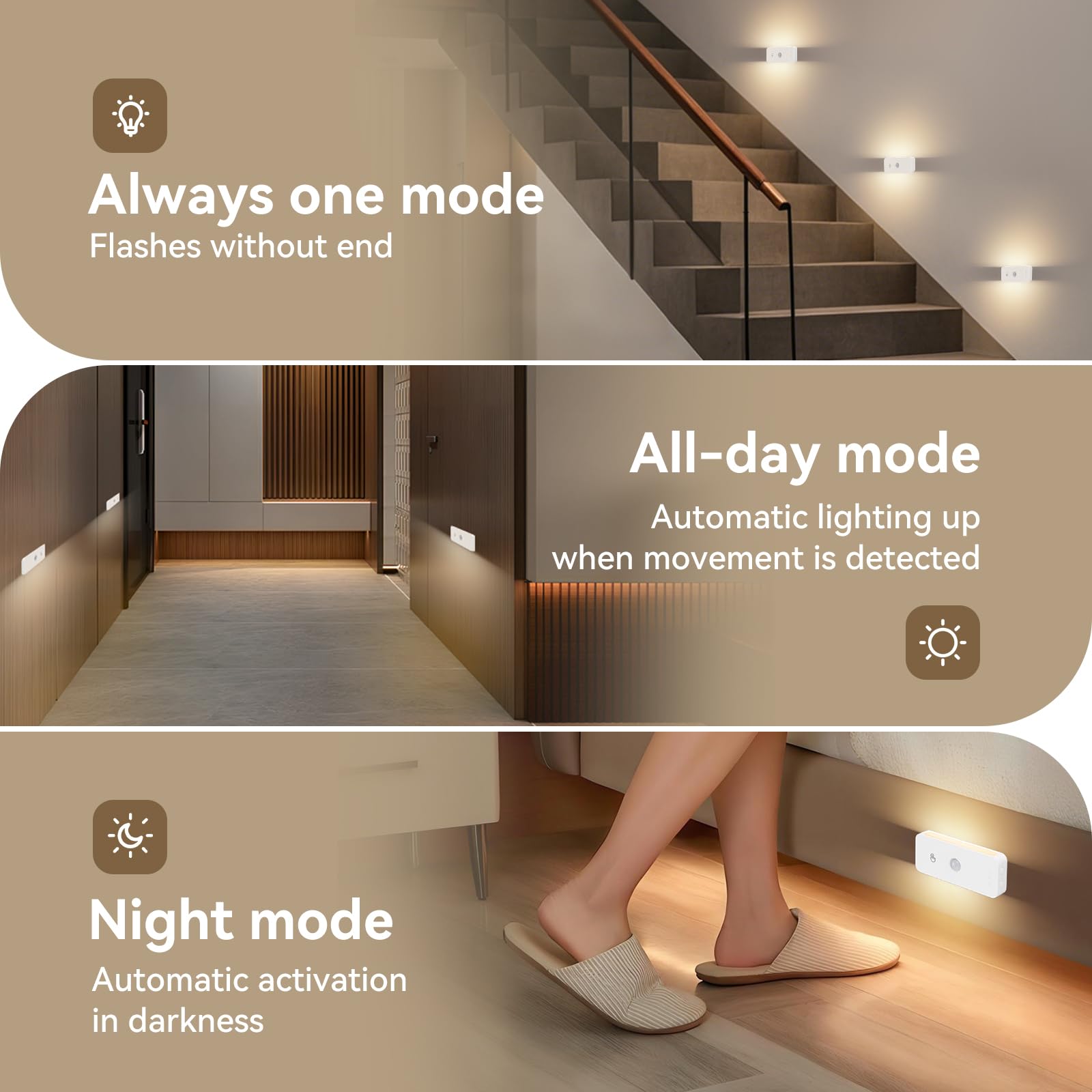 Luz nocturna con detector de movimiento, inalámbrica, recargable, luces LED para escaleras, detector de movimiento interior, luz nocturna para niños y 3 modos de temperatura de color para