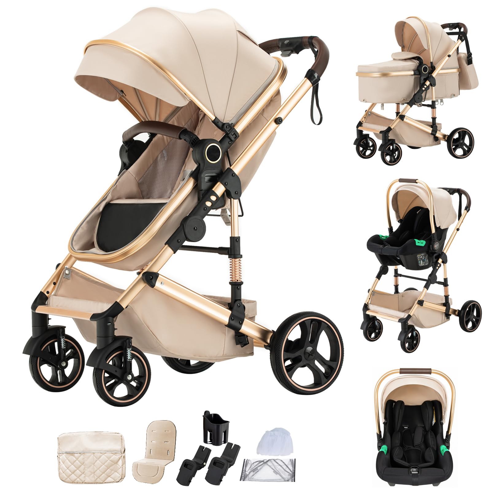 Mobayta 3 in 1 Prams Travel System, Travel Pram with Mosquito Net Raincoat, Pushchair with Height Adjustable Handle for Newborn 0-22KG, Baby Stroller with Aluminum Frame (H9 Beige, H9)