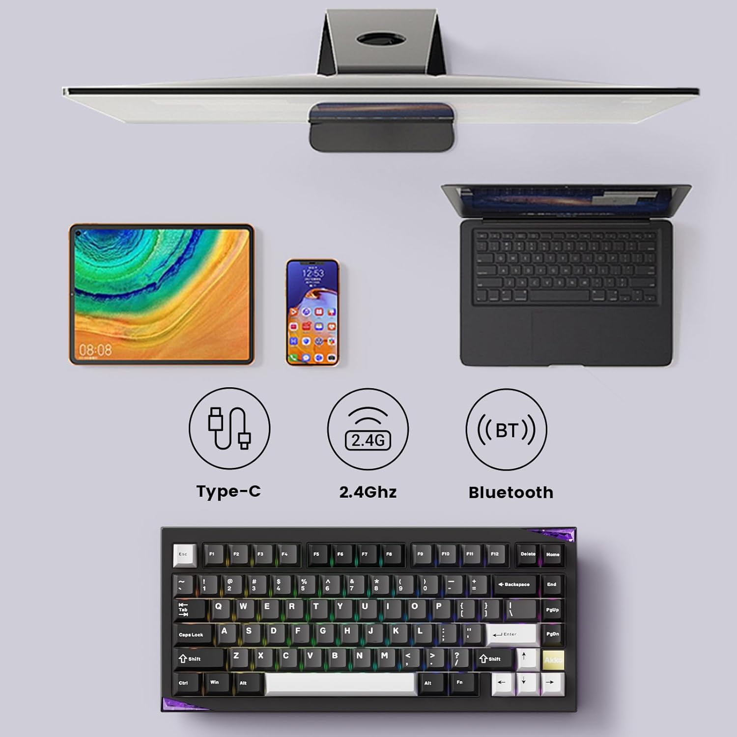 Akko Gem 01 QMK/VIA Aluminum Mechanical Keyboard Tri-Mode RGB Hot-swappable Wireless Gaming Keyboard, Black and Silver, Pre-lubed Stellar Rose Switch