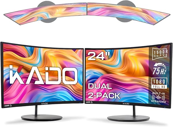Kado Dual Monitor Setup - 2-Pack 24 Curved 1920x1080 Computer Monitor 1500R 75Hz VESA Mount HDMI Office Gaming Hybrid Bu