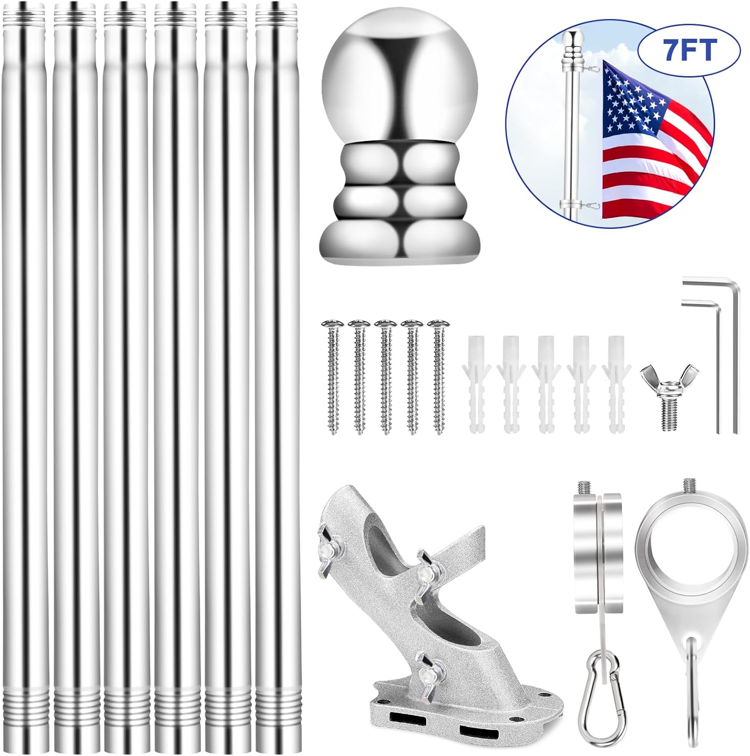 REERON Flag Pole for Outside House Porch Wall Mount, 7 FT No Tangle Stainless Steel Spinning Flagpole Kit with 1" 360° Metal Flag Pole Rings Clips & 2-Position Holder for 3x5' 4x6' American Flags - Image 2