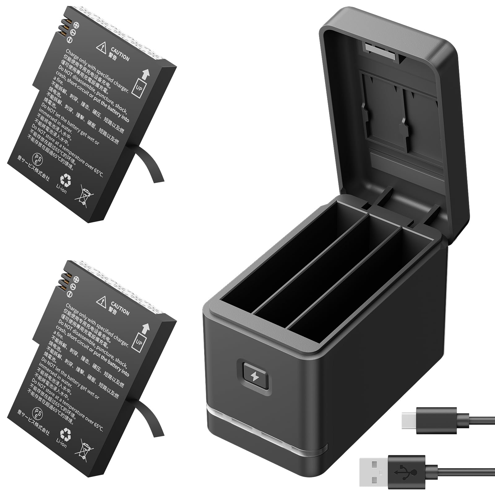 2 x 1350mAh Rechargeable Cold-Resistant Battery with 3-Channel Charger Case for AKASO 360 Camera, MicroSD Card Storage Slots