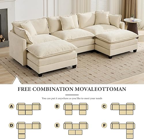 Miniatura 9 de Sofá seccional modular beige de 111.5", sofás seccionales grandes de 3 plazas para sala de estar, tela de chenilla marfil blanquecino, sofá nube de